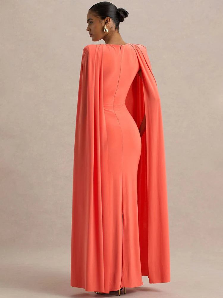 Mozision Cape Sleeve Sexy Maxi Dress Women Gown Elegant Fashion Zipper O Neck High Waist Split Club Party Long Dresses Female