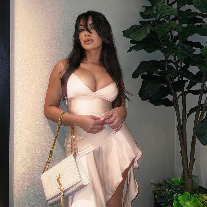 NIDANSSI Satin Ruffle Slim Backless Evening Party Dress Women Robes Bodycon Elegant Sexy Dress Midi Long Summer Dress Vestidos