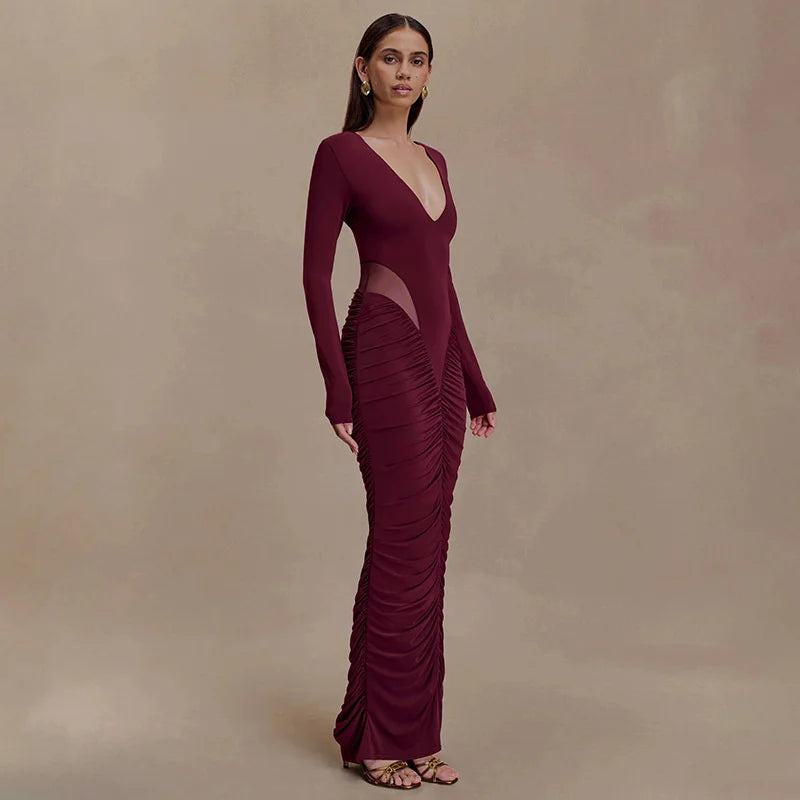 Blifanbo Elegan Deep V Neck Bodycon Maxi Dress Women High Waist Pleated Long Sleeve Solid Patchwork Club Party Long Dress Autumn