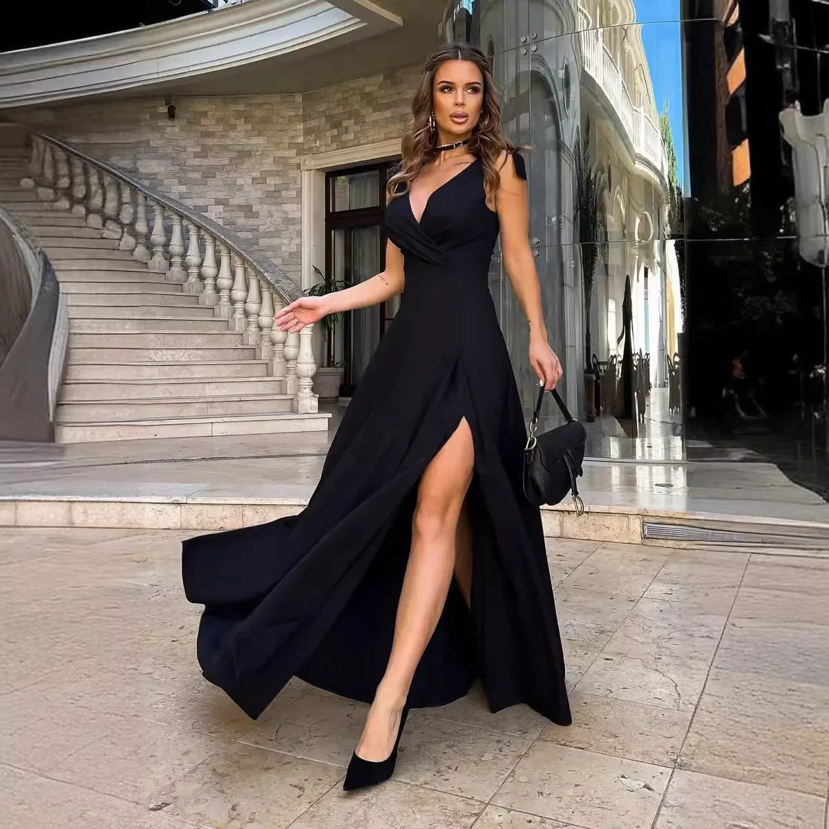 Elegant Summer Maxi Dress for Women High Waist V-Neck Bowknot Strap Side Split Long Evening Party Gown Female Cross Design