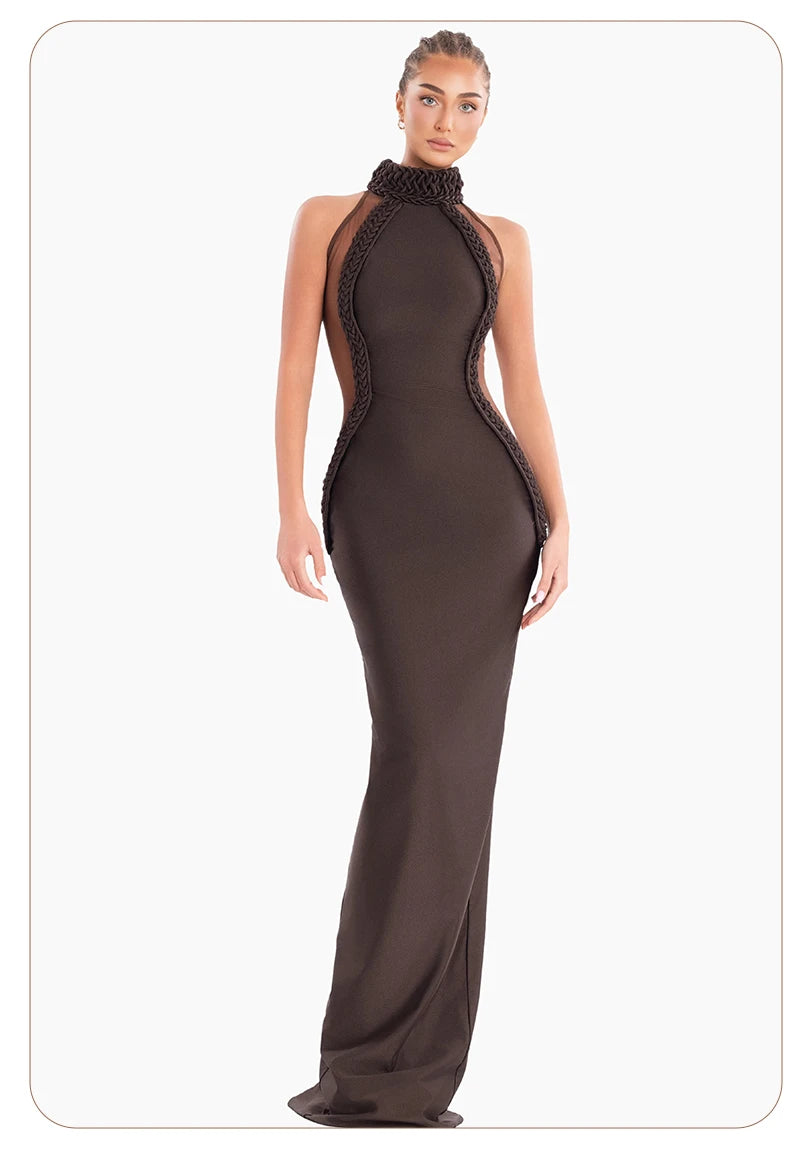 Luxury Sheer Corset Brown Long Dresses for Women – Long Sleeve High Neck See Through Bodycon Maxi Dress with Mesh Waist Detail