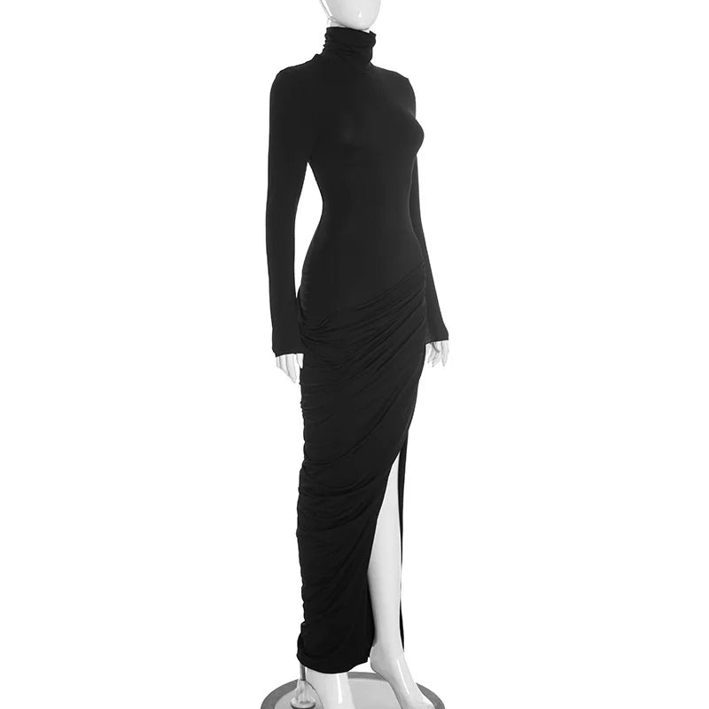 Mozision Turtleneck Long Sleeve Sexy Maxi Dress Women Elegant Autumn Winter High Waist Ruched Thigh High Split Club Long Dress