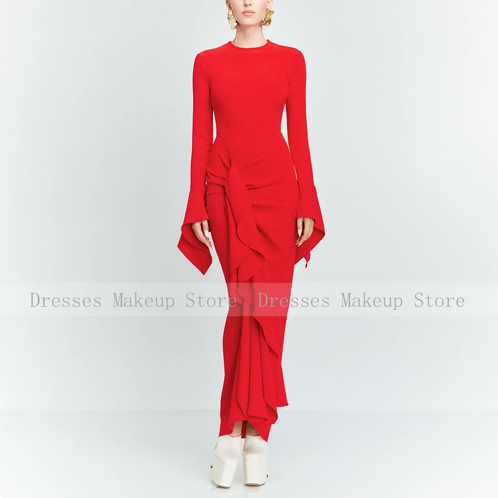 Pink Evening Dress Maxi O Neck Long Sleeves Ruffle Sheath Modest Evening Gowns for Women 2025 Column Formal Party Dresses