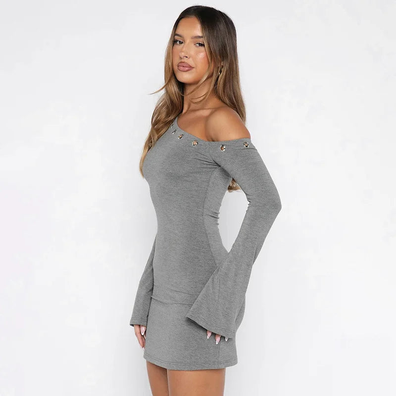 Mozision Inclined Shoulder Long Sleeve Sexy Mini Dress Women Fashion Hollow Out One Shoulder Backless Club Party Dress Female