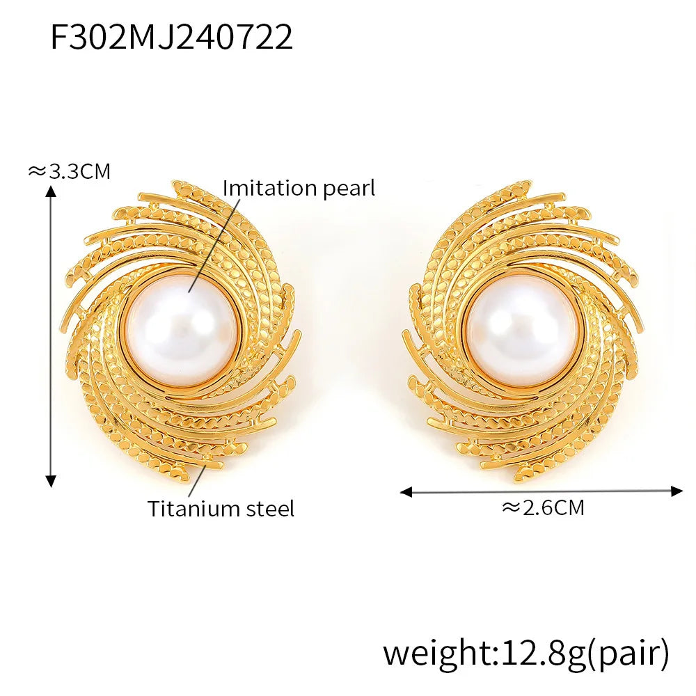 Dynamic Earrings For Women Roated Pearl Luxury Stainless Steel Vintage Gold Plated Waterproof Ear Stud Charm Jewelry Gift