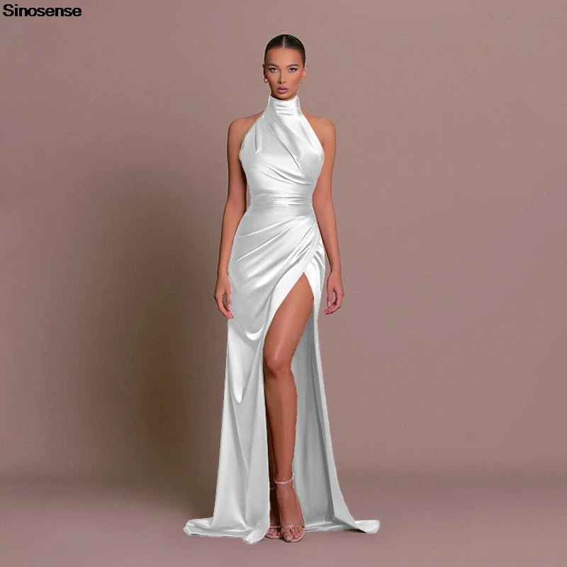 Womens Elegant Long Formal Evening Cocktail Party Dress Sexy High Split Ruched Bodycon Wedding Guest Bridemaid Maxi Dress