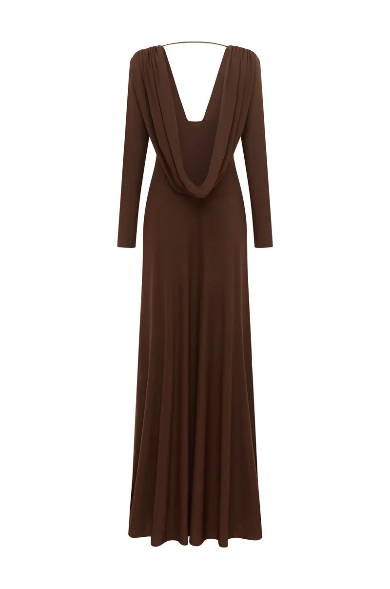 Mozision Elegant Deep V Neck  Backless Sexy Maxi Dress For Women Brown Long Sleeve High Waist Ruched Club Party Long Dresses