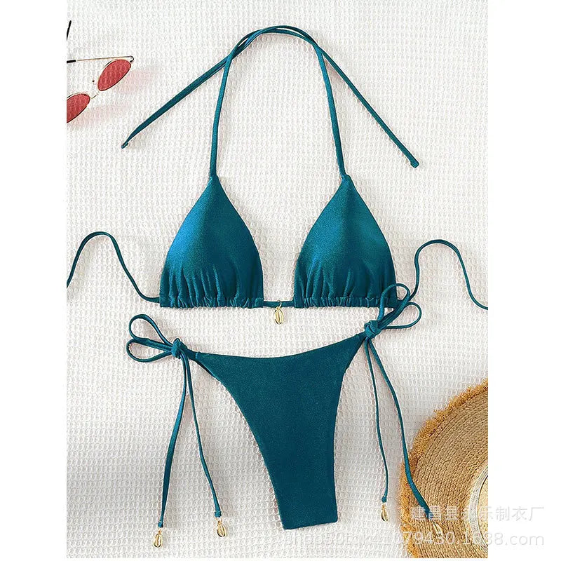 2025 new women's swimsuit printed halter neck hanger bikini subsystem belt hot spring beach swimsuit