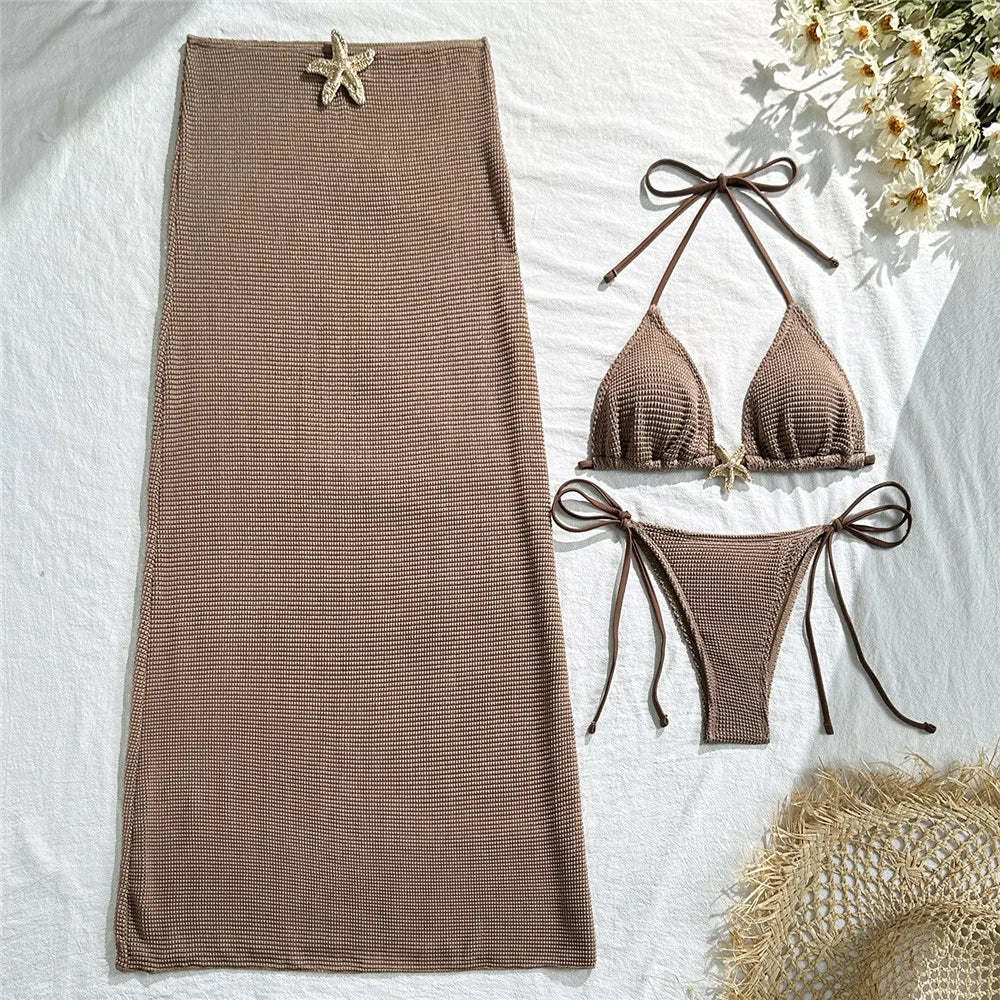 Holiday Starfish Solid Swimwears Halter String Triangle 3 Piece Bikini Set Cover Up Skirts Sexy Swimsuit Women 2025 Bikini Dames
