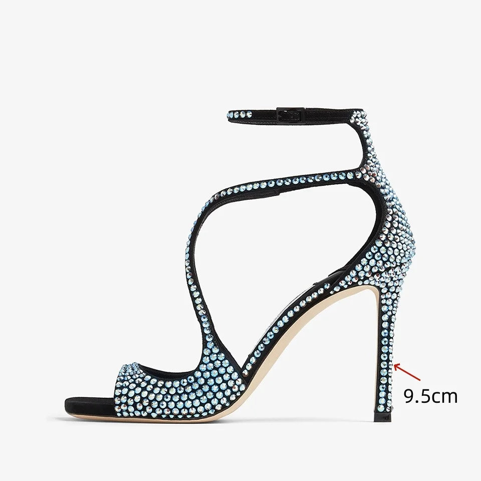 2025 Women's Spring/Summer New Style Glitter Material Fairy Style Cross Buckle with Stiletto High Heels and Open Toed Sandals