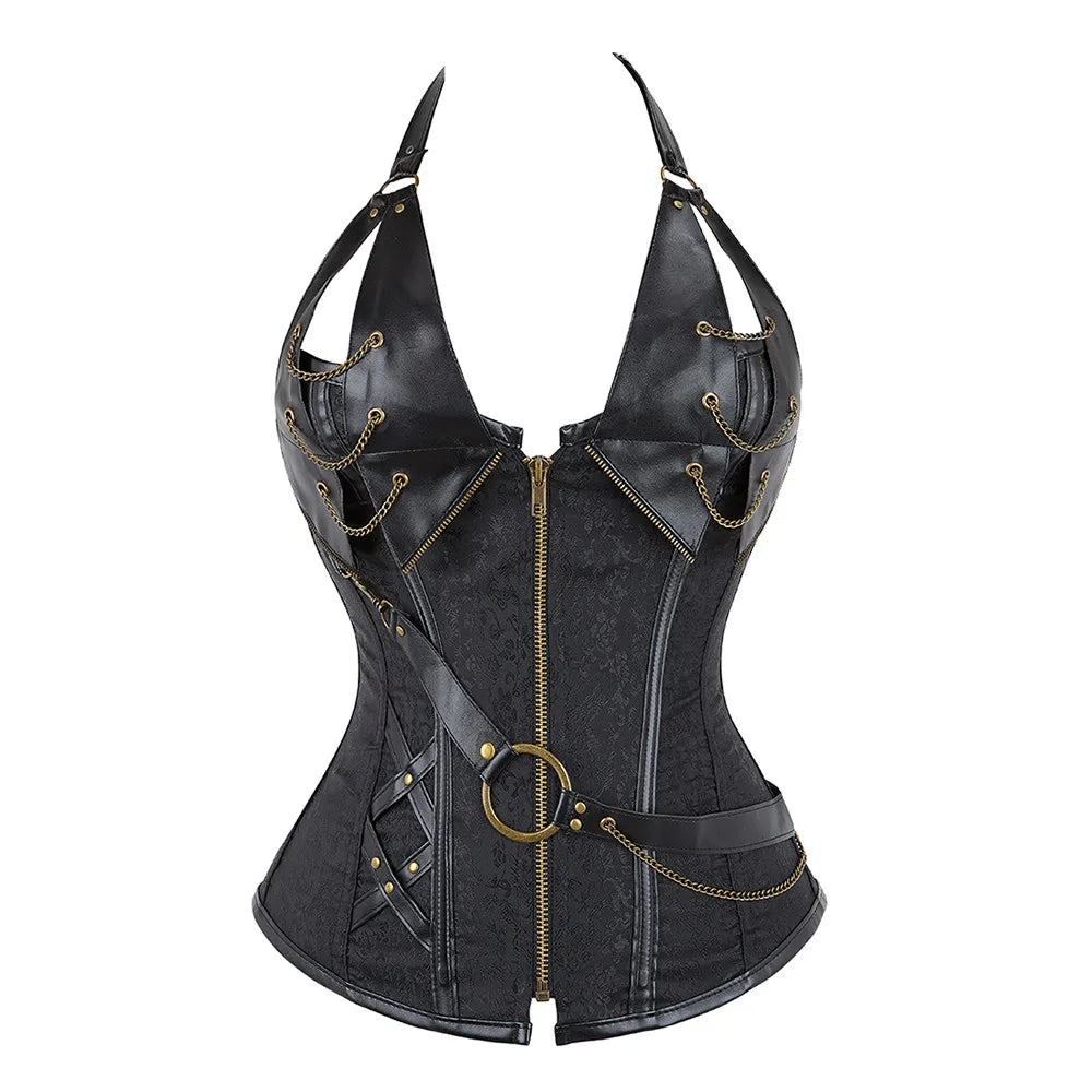 Steampunk Leather Corsets Top Plus Size Sexy Halter Overbust Bustier Gothic Pirate Vintage Outerwear Burlesque Basque Costume Wofashion.xyz