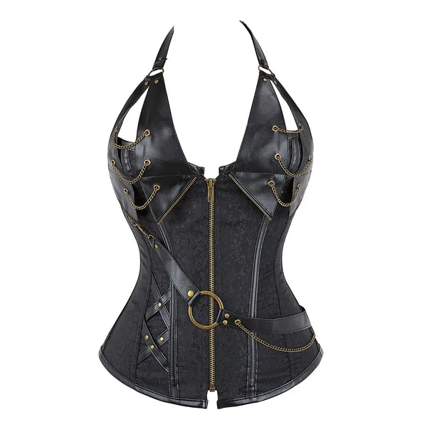 Steampunk Leather Corsets Top Plus Size Sexy Halter Overbust Bustier Gothic Pirate Vintage Outerwear Burlesque Basque Costume Wofashion.xyz