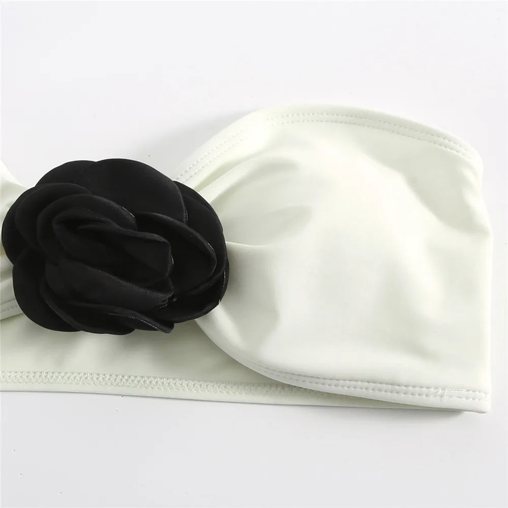 3D Flower Bandeau 3 Piece Bikini Set Damen Mesh Skirts Cover Up Swimwear Sexy Swimsuit Women Beach Swimming Wear Bikinis Bather