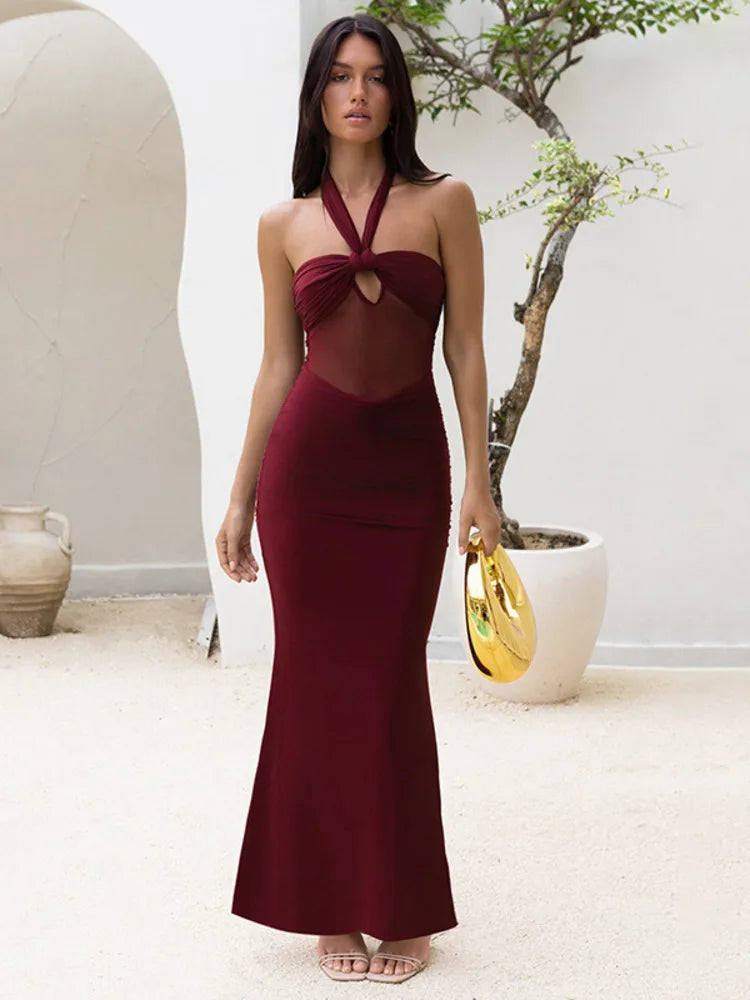 Mozision Hollow Out Halter Sexy Maxi Dress Women Gown Summer New See Through Mesh Sleeveless Backless Bodycon Club Long Dress Wofashion.xyz