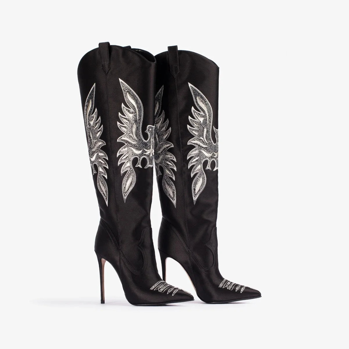 Women's Denim Western Cowboy Boots Pointed Toe Stiletto Heel, Sexy Embroidery Knight Runway Fashion Ankle Booties