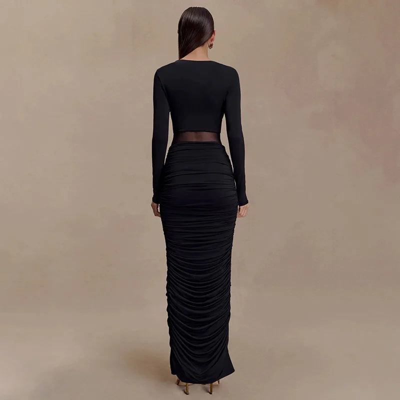 Blifanbo Elegan Deep V Neck Bodycon Maxi Dress Women High Waist Pleated Long Sleeve Solid Patchwork Club Party Long Dress Autumn