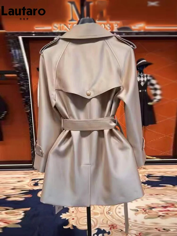 Lautaro Spring Autumn Khaki Satin Trench Coat for Women Belt Double Breasted Elegant High Quality Luxury Designer Clothing 2024