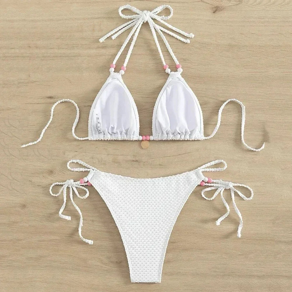 Sexy Pink Micro Thong Bikinis Sets Bead String Halter Swimwear Women Mini Swimsuit Bathing Suit Lace-up Biquinis Triangle Bikini