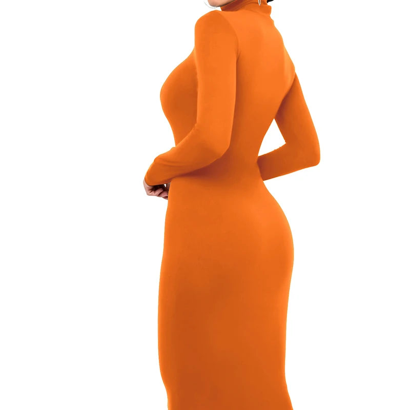 Winter Black Turtleneck Sexy Women Dress Autumn Long Sleeve Skinny Midi Boydcon Casual Blue Plush Knee-Length Party Club