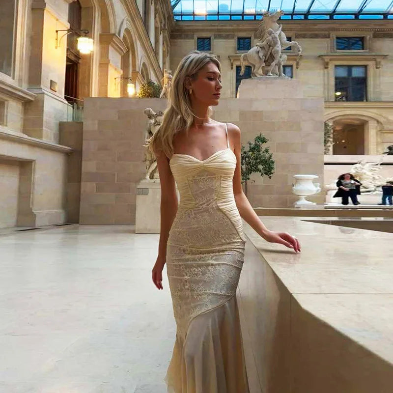 NIDANSSI Lace Print Ruffle Backless Holiday Casual Dress Women 2024 Elegant Sexy Dress Bodycon Midi Long Summer Dress Vestidos