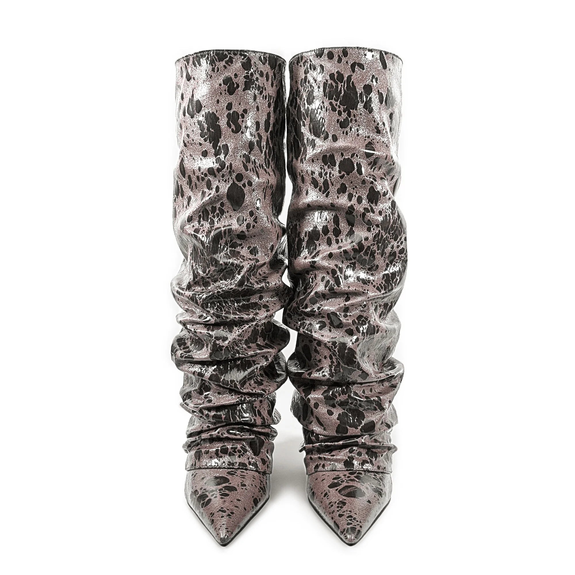 2025 European AndAmerican Women's Autumn and Winter Super Migration Coarse High Heels Fashion Pleated Pointed Sleeve Skirt Boots