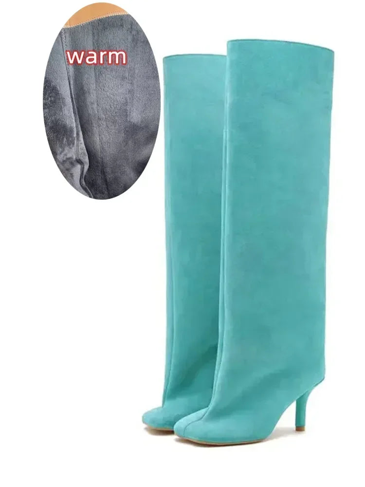 2024 European and American Fashion Stiletto Heels Wide Leg Knee Sleeve Boots Women's Square Head Suede Warm Boots