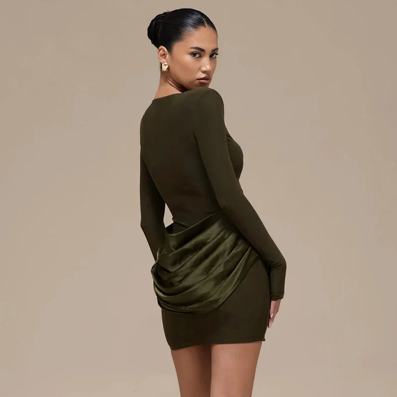 Mozision Long Sleeve Ruched Sexy Mini Dress Women Gown Elegant Satin Patchwork O Neck High Waist Club Party Dresses Fashion