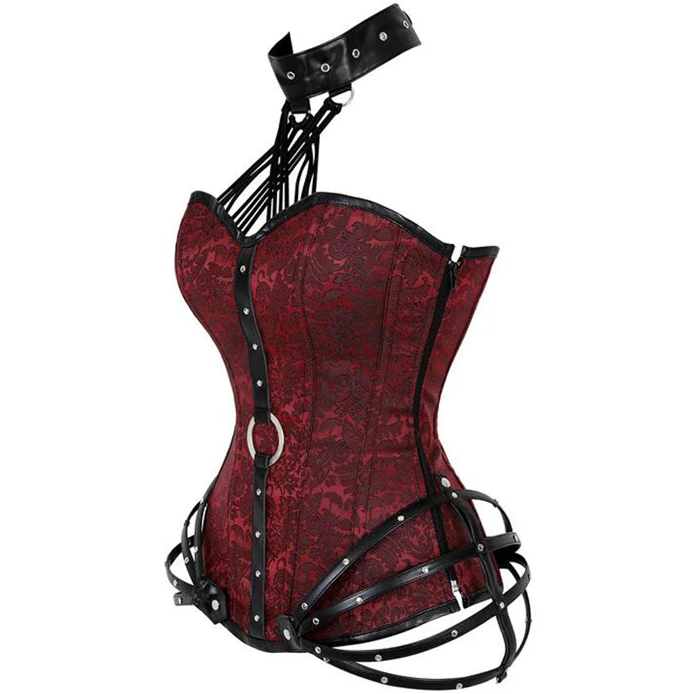Steampunk Corsets And Bustiers Womens Halter Pu Leather Gothic Punk Corset Zipper Vintage Overbust Burlesque Basque Costume