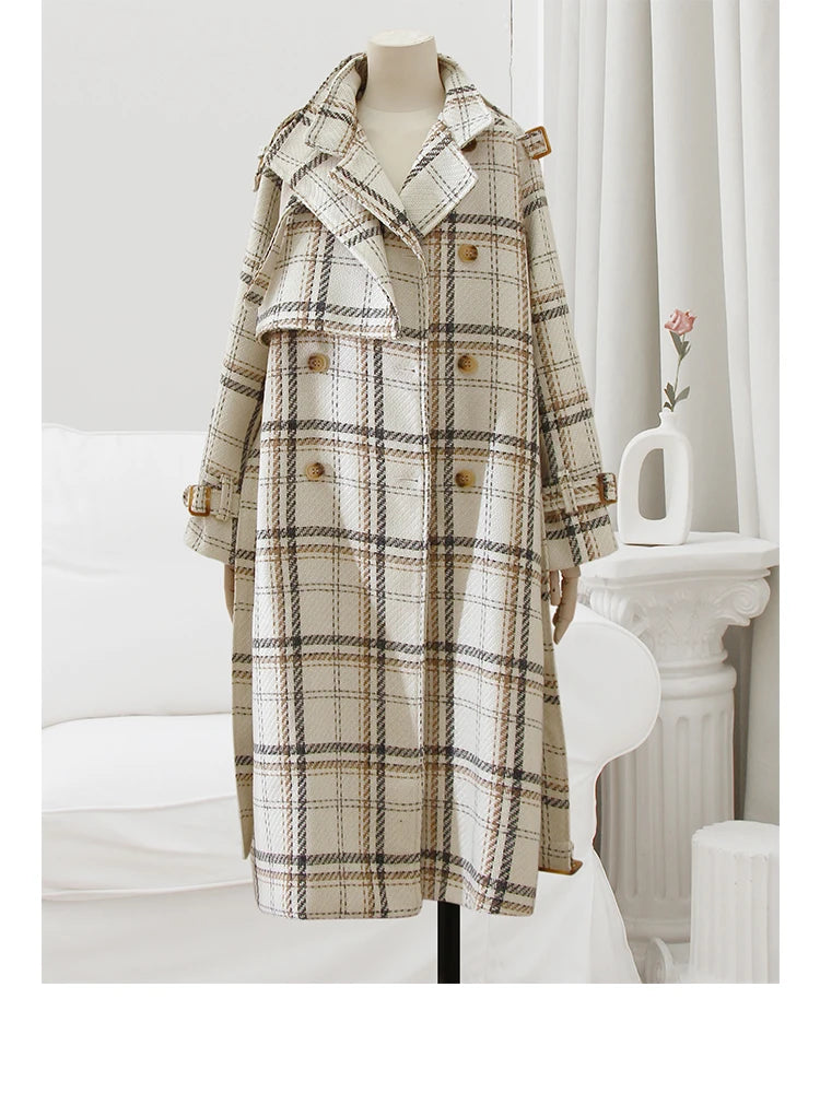Lautaro Autumn Winter Long Loose Warm Plaid Wool Blends Trench Coat for Women Raglan Sleeve Belt Double Breasted Woolen Overcoat