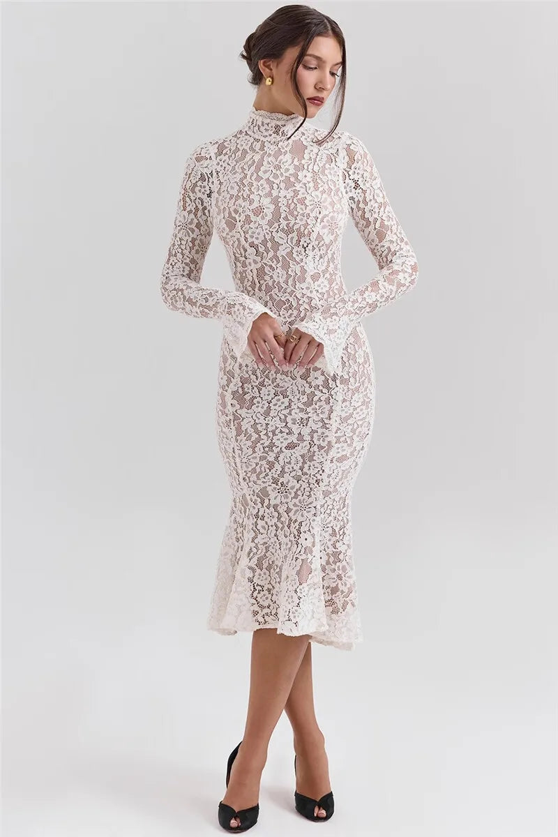 Mozision Lace Long Sleeve Sexy Midi Dress For Women Elegant White Half High Collar High Waist Bodycon Club Party Sexy Long Dress