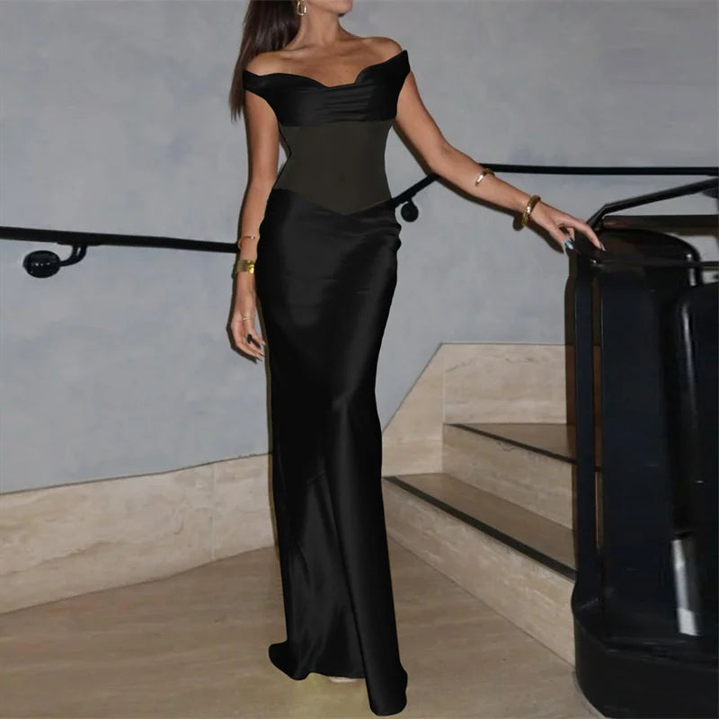 Mozision Off-shoulder Backless Sexy Maxi Dress For Women Fashion Patchwork Strapless Sleeveless Bodycon Club Party Long Dresses