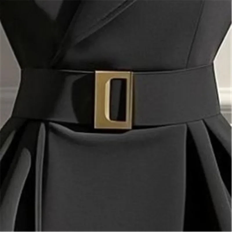 High-end Black Suit Jacket Women Elegant Slim Waist Belt Coat 2025 Autumn Winter New Irregular Hem Office Lady Outwear