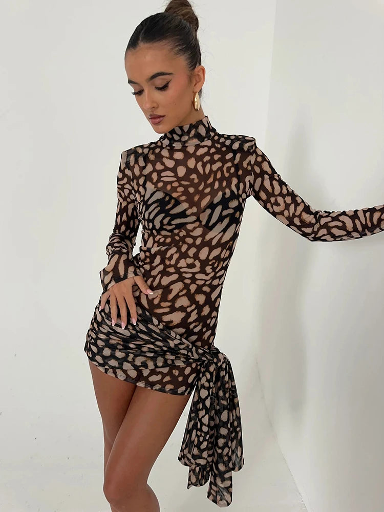 Fantoye Turtleneck Sexy Sheer Print Leopard Bandage Women Dress Long Sleeve Mini Dress Lady Spring Slim Elegant Party Club Dress