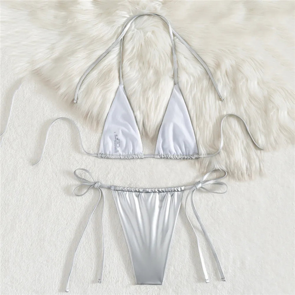 Shiny Silver Micro Bikini Thong Set Sexy Swimsuit Women Lace-up Bathing Suit Solid Swimwears Bathing Suit Bikinis Woman 2025