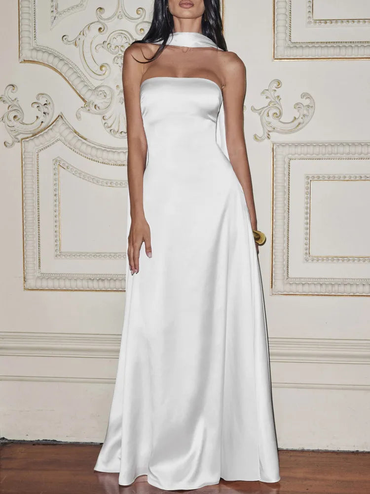 Mozision Off-shoulder Strapless Sexy Maxi Dress Women Gown Elegant Scarf Collar Sleeveless Backless Bodycon Club Party Dress