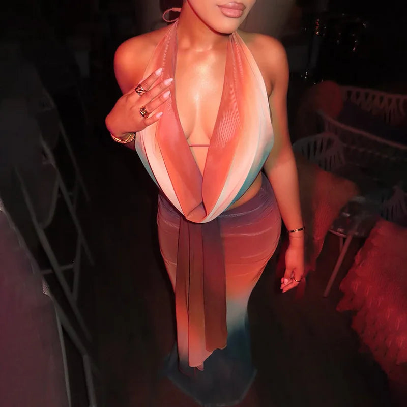 Mozision Print Sexy Mesh Halter Skirt 2 Pieces Sets For Women Off-shoulder Sleeveless Backless Tops And Skirt Two Pieces Sets