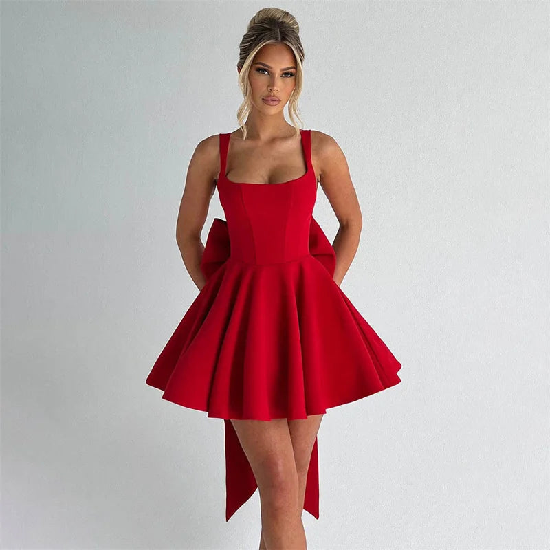 Mozision Backless Bow Sexy Mini Dress Women Fashion Elegant Spaghetti Strap Sleeveless High Waist A-line Club Party Dress New