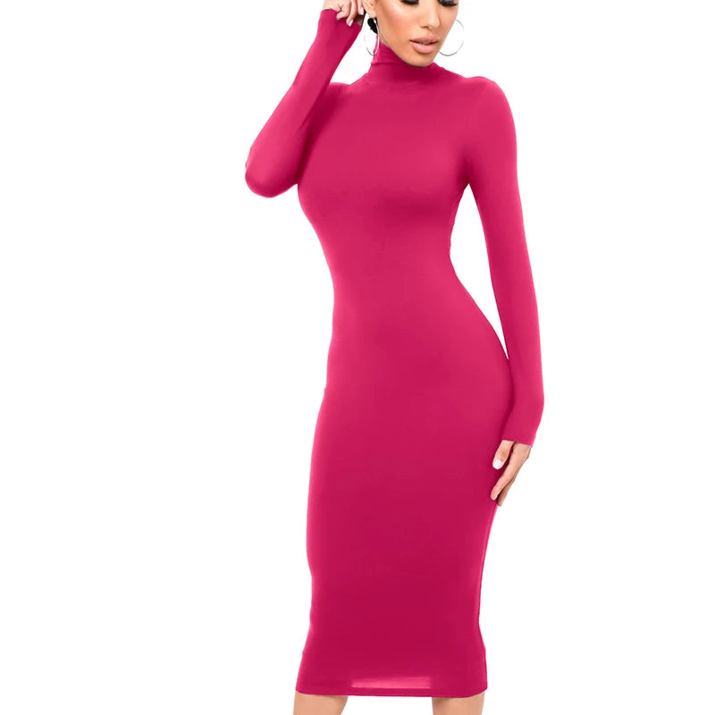 Winter Black Turtleneck Sexy Women Dress Autumn Long Sleeve Skinny Midi Boydcon Casual Blue Plush Knee-Length Party Club