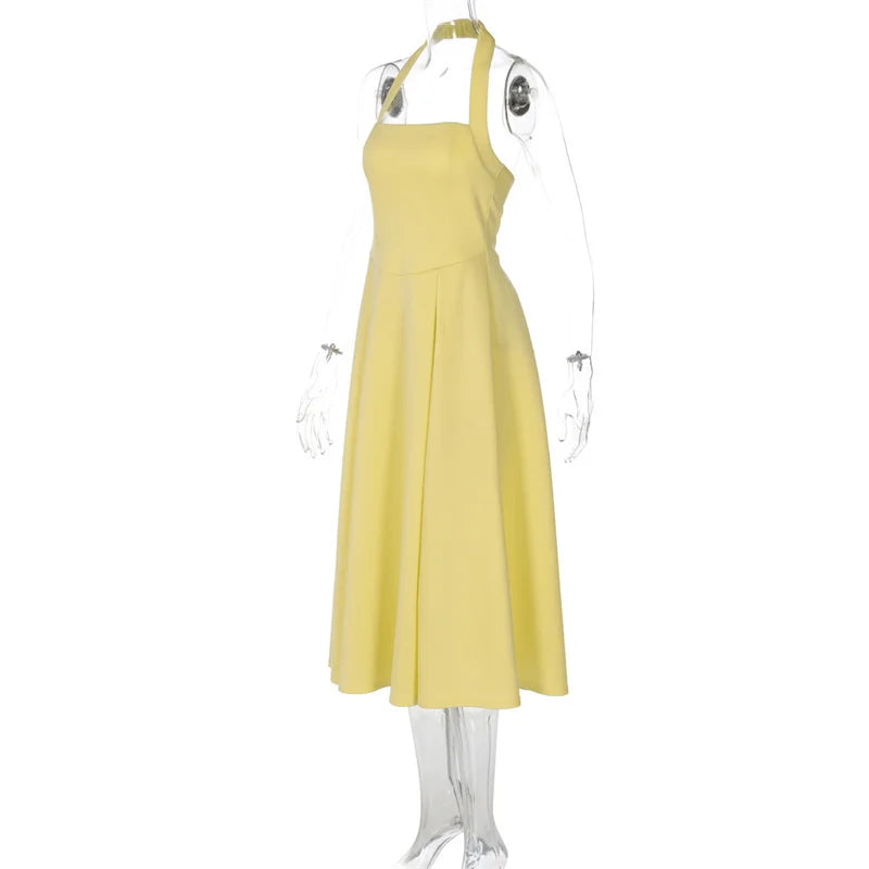 Mozision Halter Backless Sexy Midi Dress Women Fashion Solid Sleeveless High Waist A-line Club Party Pleated Long Dresses Female