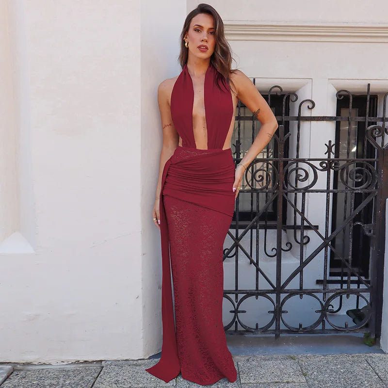 Mozision Halter Deep V Neck Sexy Maxi Dress For Women Elegant Fashion Lace Sleeveless Backless Ruched Bodycon Club Long Dress