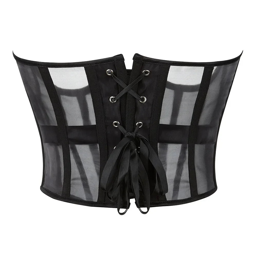 Sexy Black Mesh Women Waist Trainer Corset Goth Vintage Bustiers Slim Body Belts Streetwear See Through Corsets