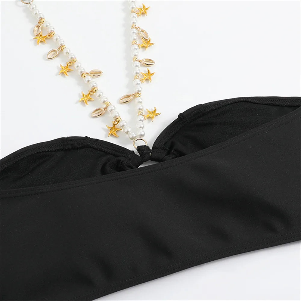 Black Pleats Edge Bandeau 3 Piece Bikini Set Damen Pearl Chain Halter Swimwear Skirts Cover Up Sexy Swimsuit Women Beach Wear