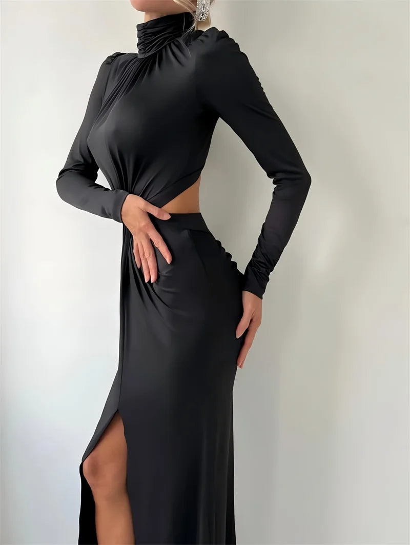 Mozision Turtleneck Backless Sexy Maxi Dress Women Gown Autumn Winter Elegant Long Sleeve Thigh High Split Club Party Long Dress