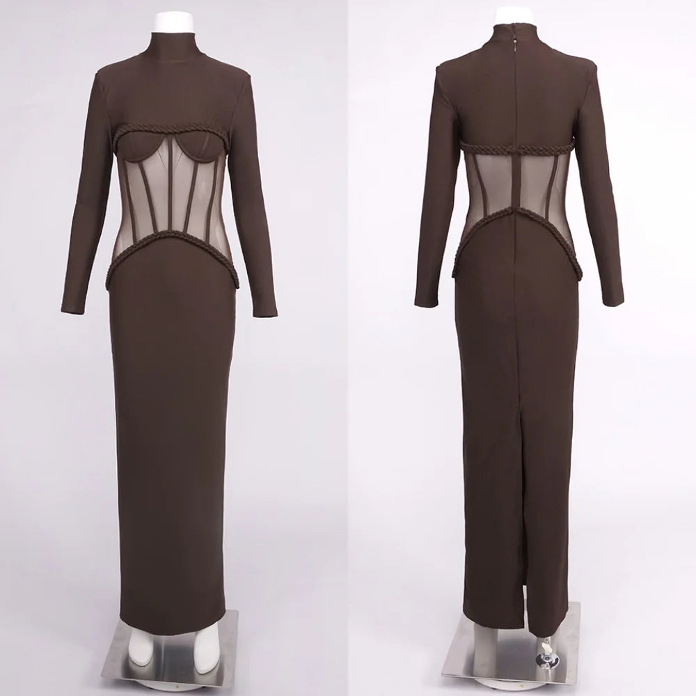 Luxury Sheer Corset Brown Long Dresses for Women – Long Sleeve High Neck See Through Bodycon Maxi Dress with Mesh Waist Detail