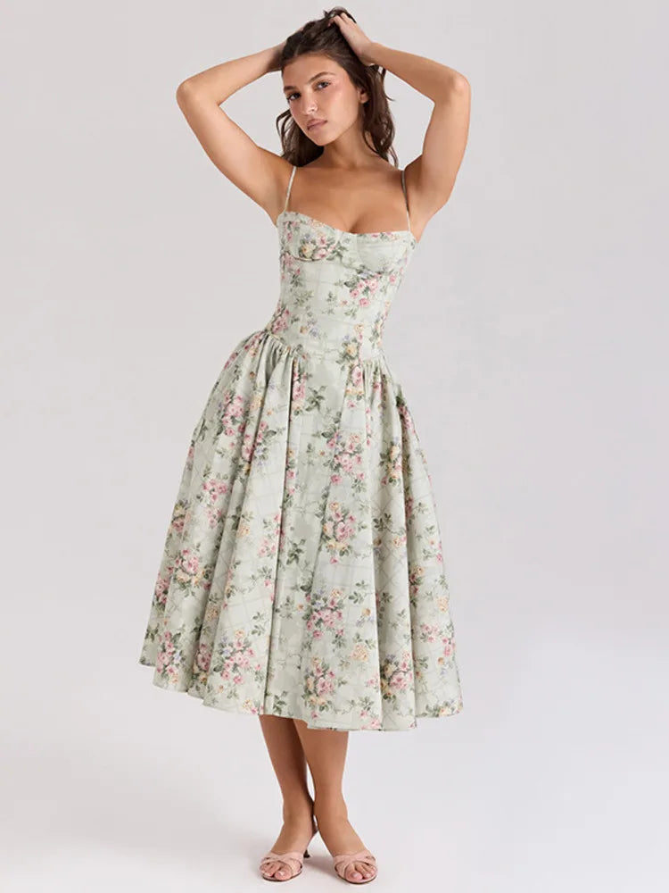 Mozision Spaghetti Strap Print Midi Dress Women Fashion Off-shoulder Sleeveless Backless A-line High Waist Pleated Long Dress