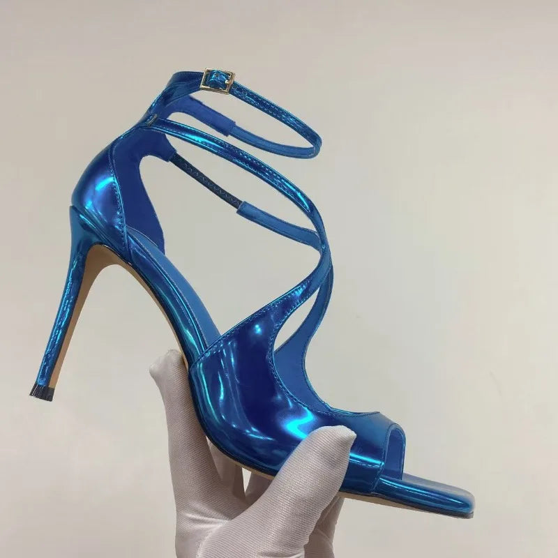 2025 Women's Spring/Summer New Style Glitter Material Fairy Style Cross Buckle with Stiletto High Heels and Open Toed Sandals