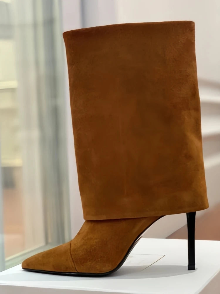 European and American Style High-heeled Wide Tube Sleeve Skirt Boots for Women, Niche Stone Patterned Fashion Banquet Shoes