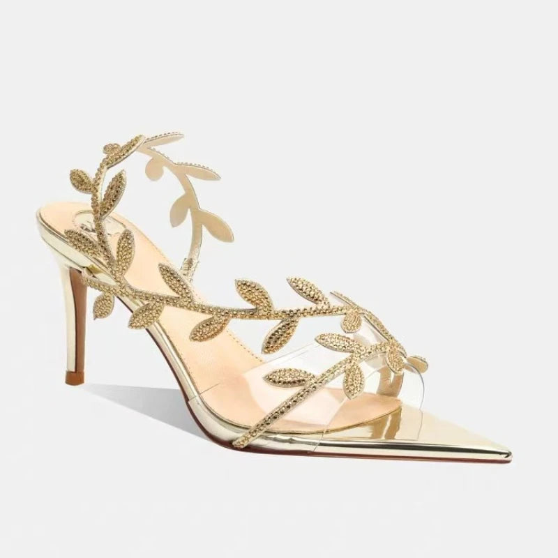 2025 Women's Summer New Style Lacquer Leather Leaf Fairy Style Strap Stiletto High Heels Pointed Open Toe Fashion Sandals
