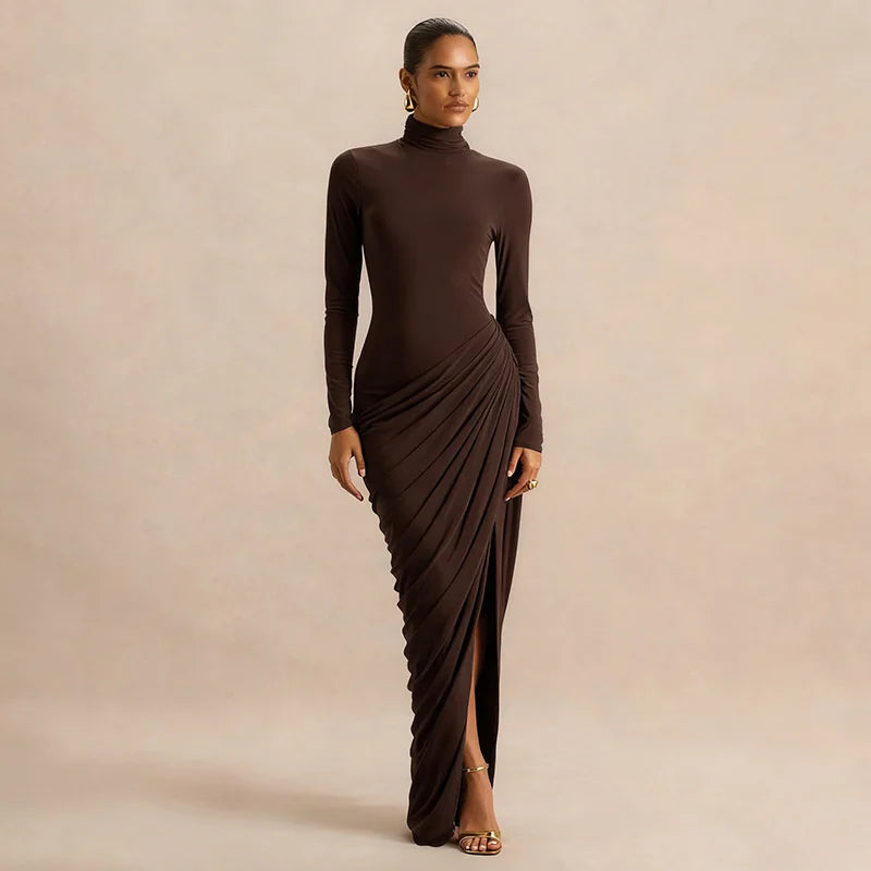 Mozision Turtleneck Long Sleeve Sexy Maxi Dress Women Elegant Autumn Winter High Waist Ruched Thigh High Split Club Long Dress