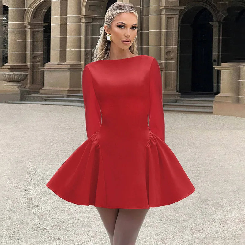 Mozision Elegant Long Sleeve Sexy Mini Dress For Women Solid O Neck High Waist A-line Bodycon Club Party Dress Clubwear New